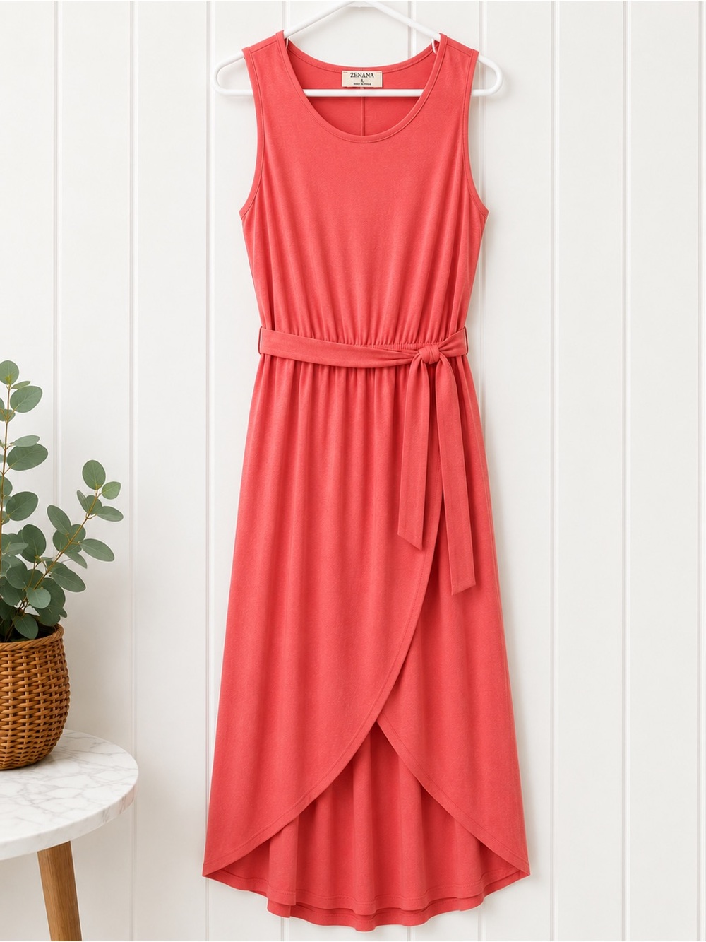 Zenana Outfitters Coral Sleeveless Wrap-Front Maxi Dress